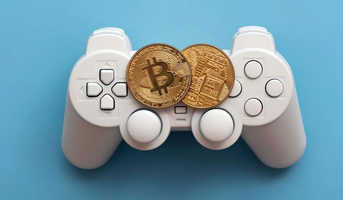 A video game controller with two Bitcoin coins placed on top