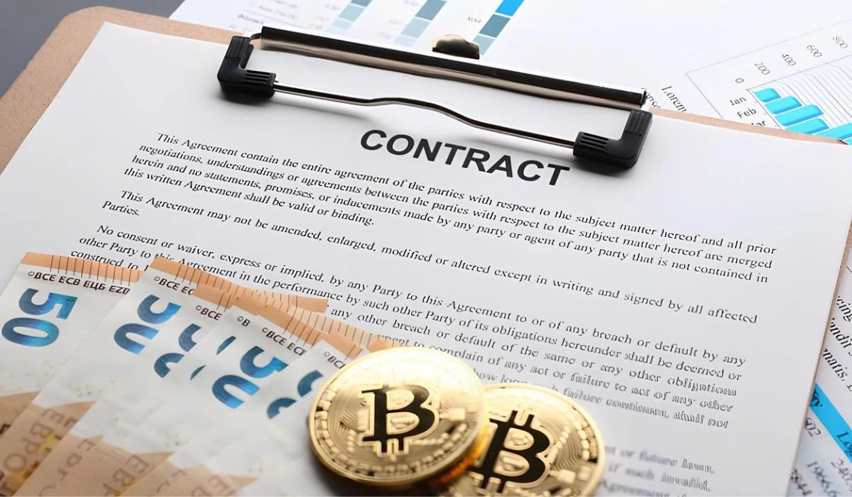 A clipboard with a contract paper and bitcoins