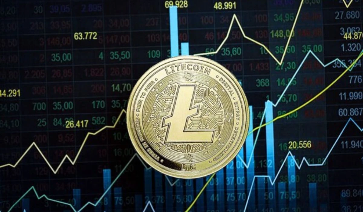 A litecoin with a trading chart background