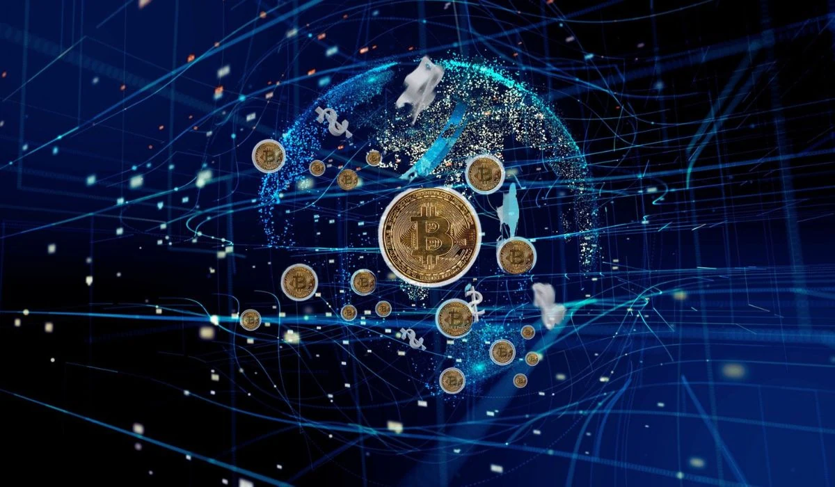 Bitcoins surrounded by network lines over a globe.
