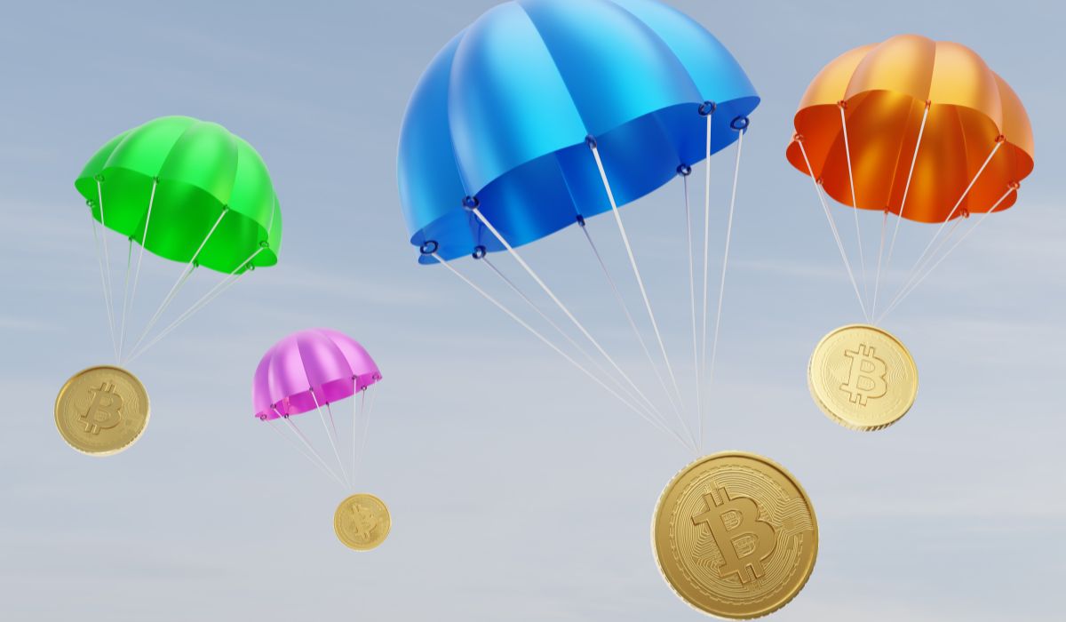 Colorful parachutes carrying bitcoins.